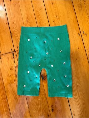 Zara xs/s Green Ribbed Daisy Embroidered Bike Shorts red white flower floral y2k